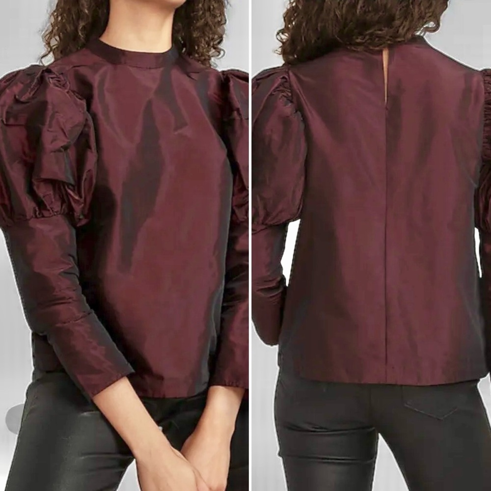 EXPRESS sz Small Fancy Blouse Puff Sleeves Shiny Metallic Mock Neck Burgundy NWT